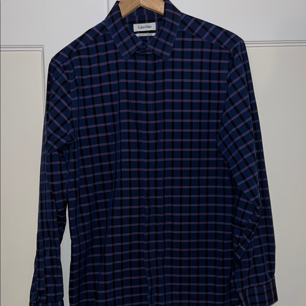 Calvin Klein Navy Blue Casual Button Down Shirt with Checkered Pattern
